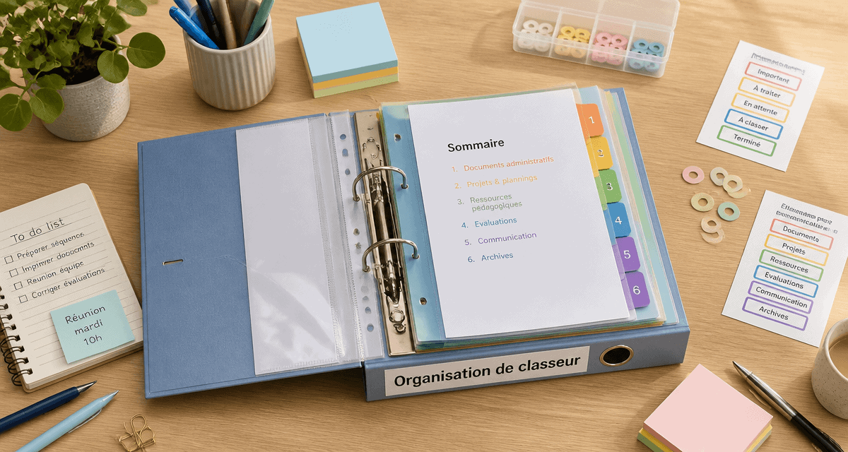 organisation classeur avec classeur ouvert et fournitures