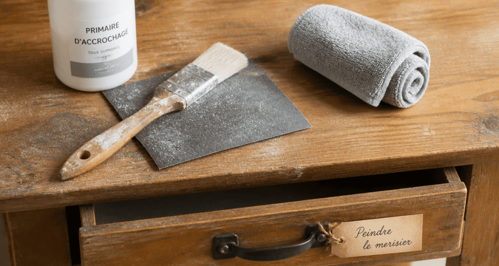 Peindre un meuble merisier, outils et tiroir ancien
