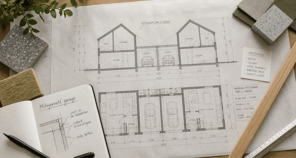 plan maison mitoyenne par le garage sur bureau d’architecte