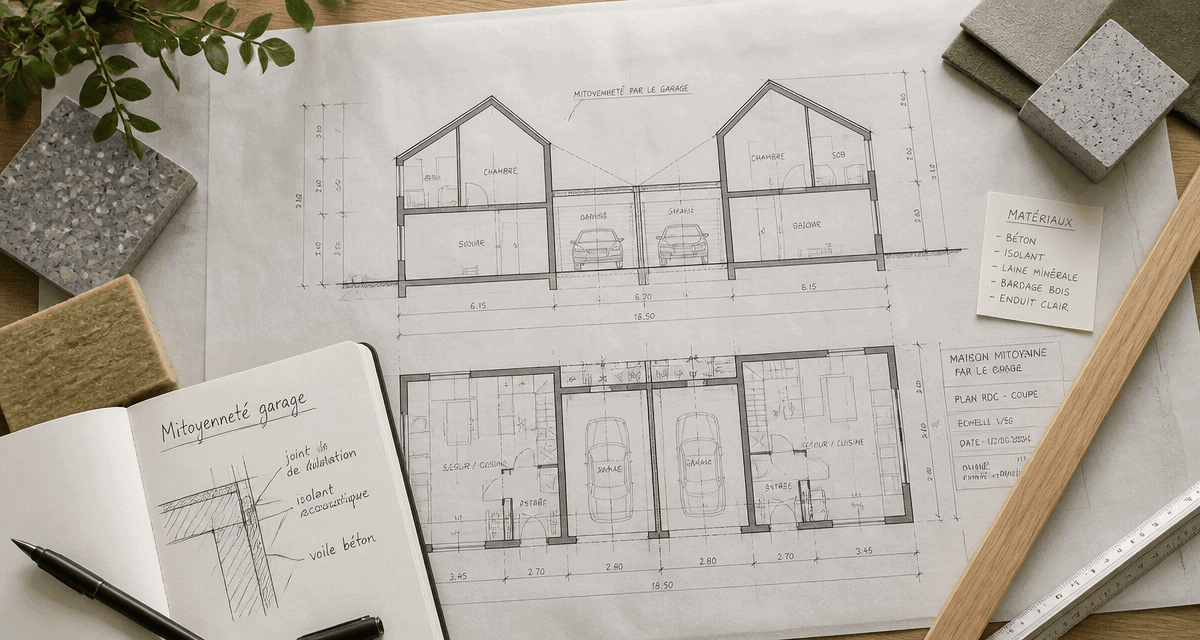 plan maison mitoyenne par le garage sur bureau d’architecte