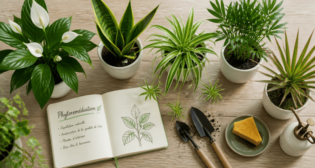 Cinq plantes d'interieur depolluante sur table