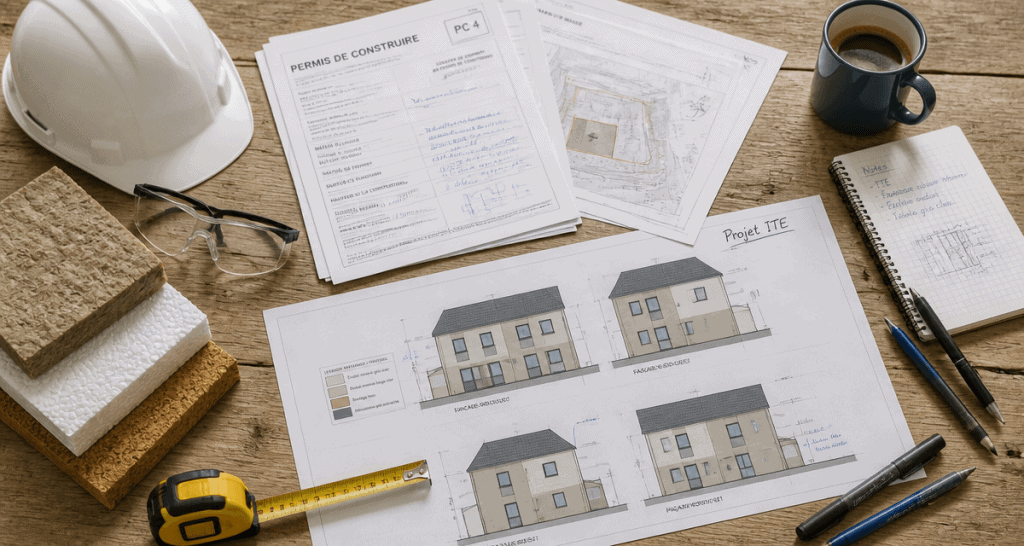 Ravalement ITE plans et matériaux isolants sur bureau d’architecte