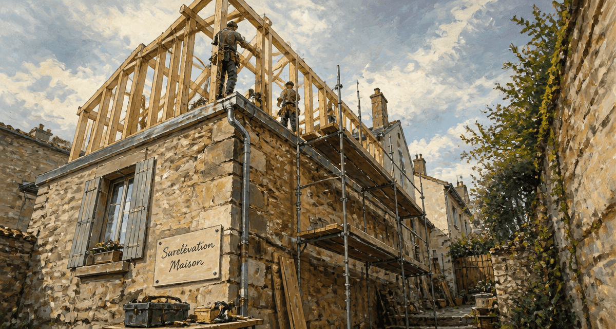 Surélévation maison ancienne avec ossature bois et échafaudage