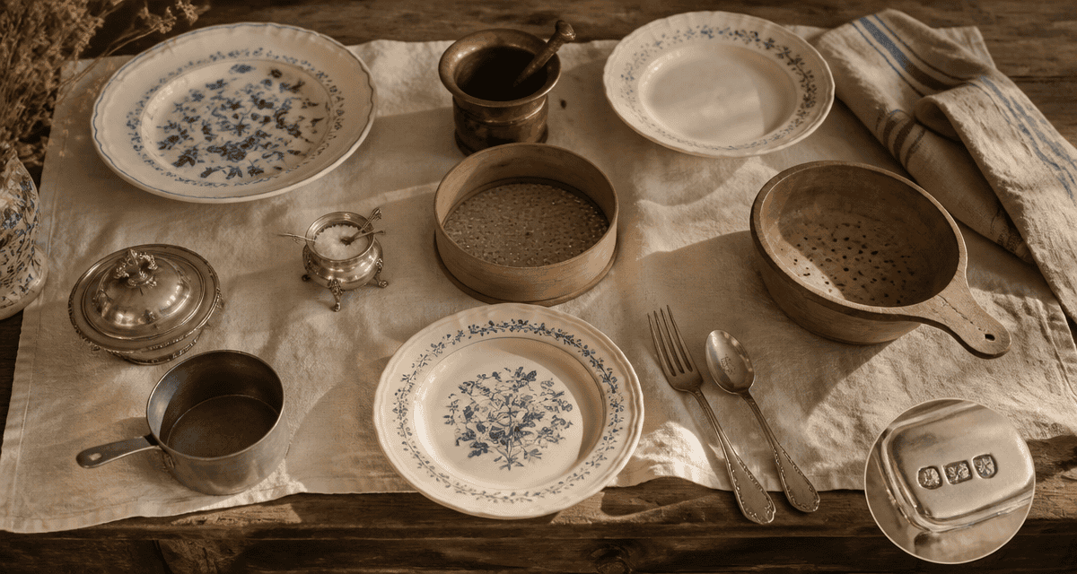 Vaissellerie définition, objets anciens sur table