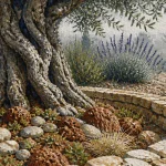 Aménagement olivier jardin : pierres, pouzzolane et olivier au jardin