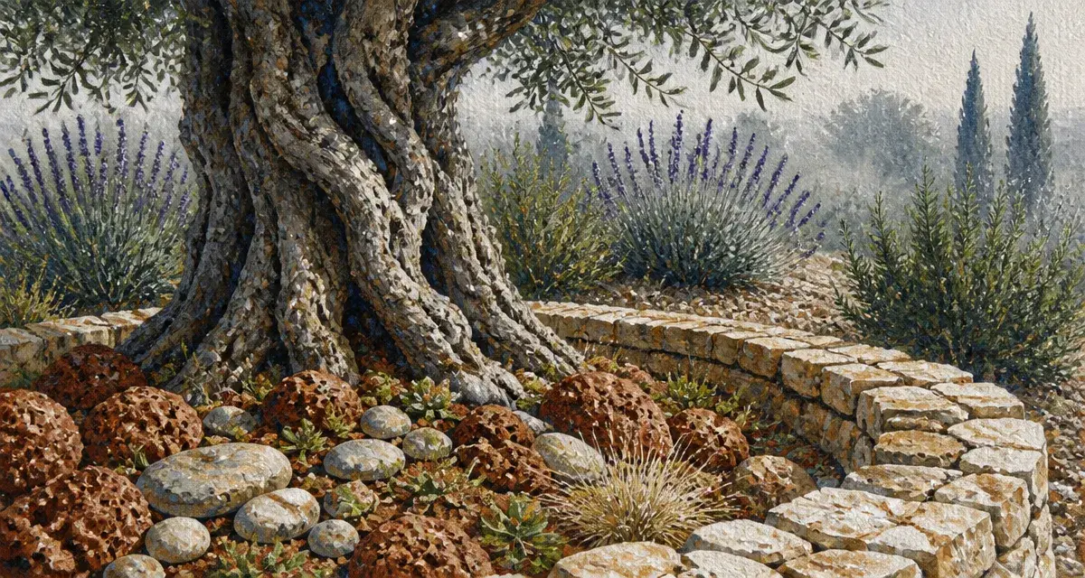 Aménagement olivier jardin : pierres, pouzzolane et olivier au jardin