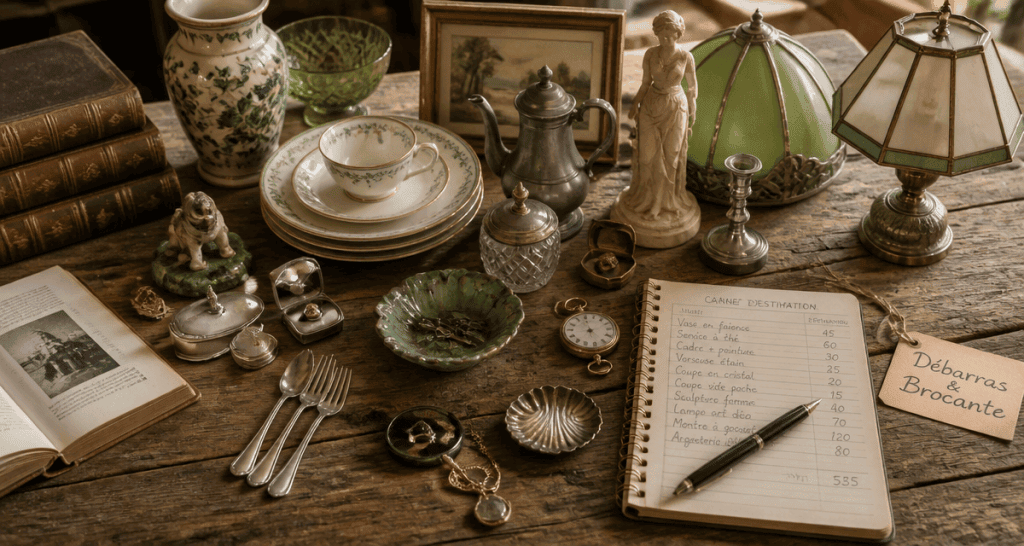 brocanteur vide maison table objets anciens