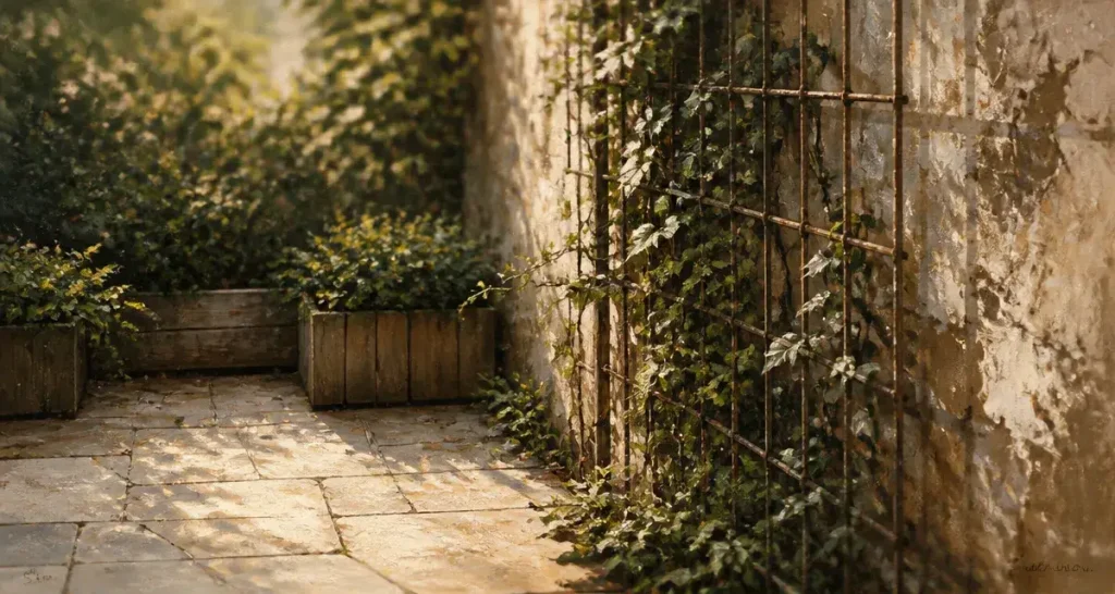 Cache mur extérieur avec treillis et plantes grimpantes