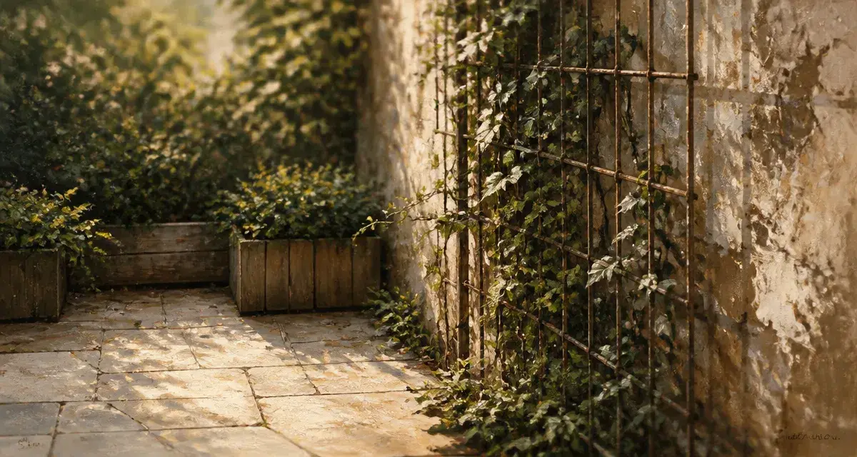 Cache mur extérieur avec treillis et plantes grimpantes