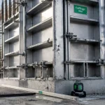 Coffrage mur sur semelle béton : banches métalliques et tiges de coffrage