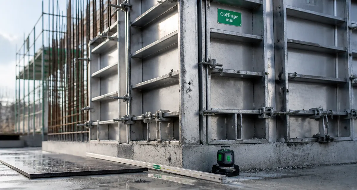 Coffrage mur sur semelle béton : banches métalliques et tiges de coffrage