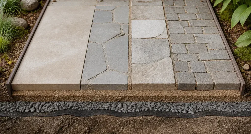 Dalle d’allée de jardin résistante, sable et joints polymère pour éviter les fissures sous une voiture