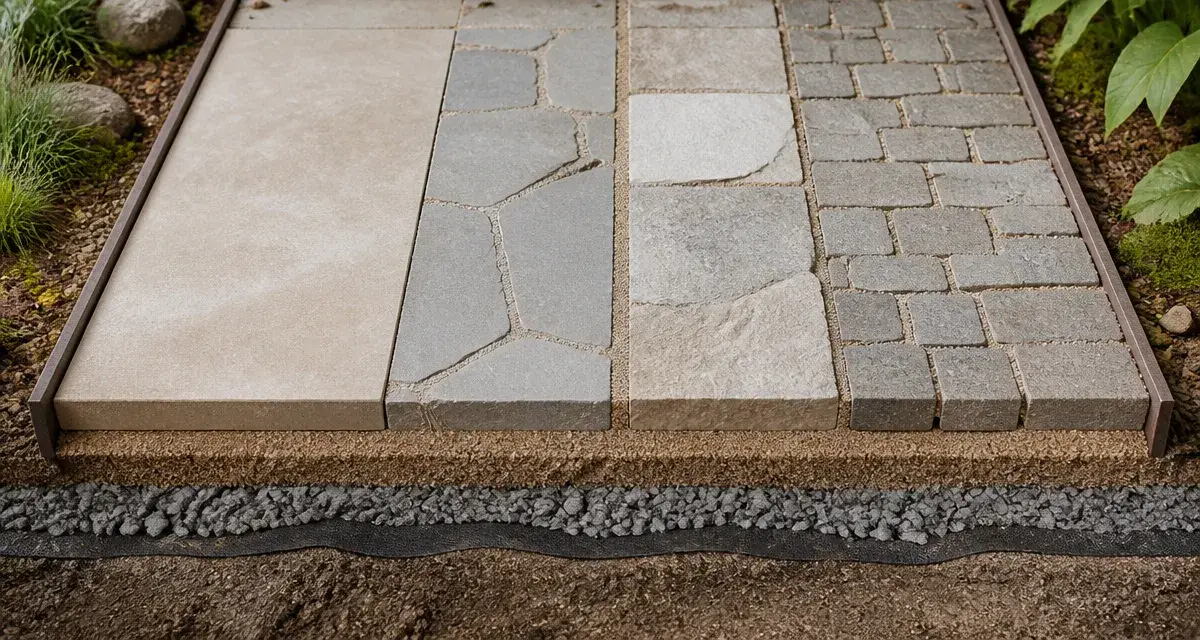 Dalle d’allée de jardin résistante, sable et joints polymère pour éviter les fissures sous une voiture