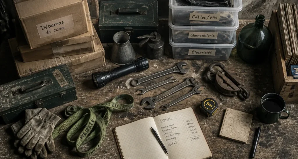 Débarras cave, vue d’objets et cartons