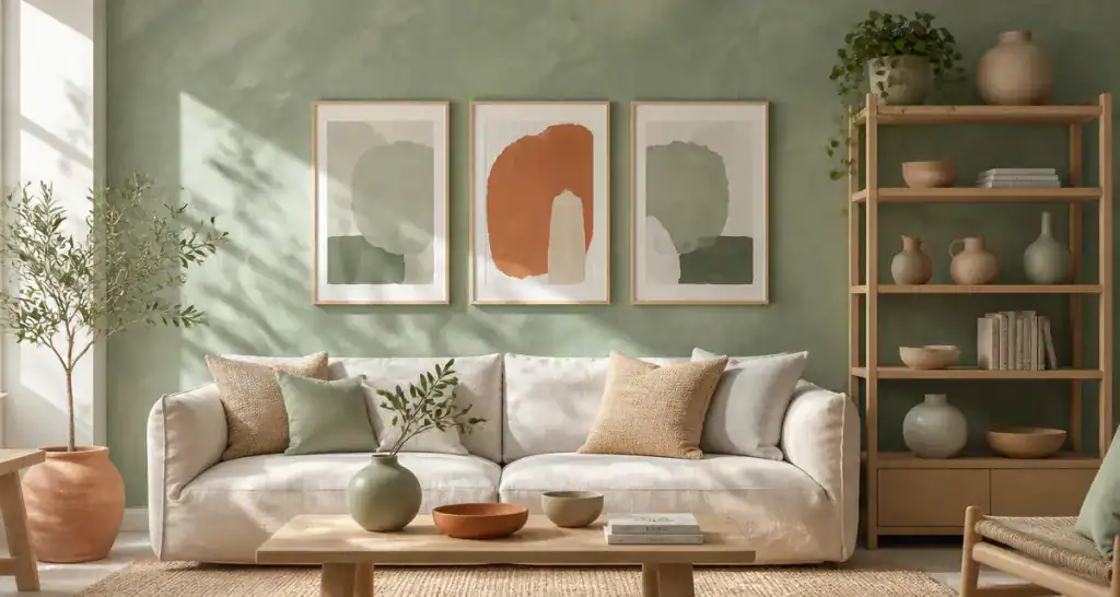 decoration murale vert sauge dans un salon contemporain
