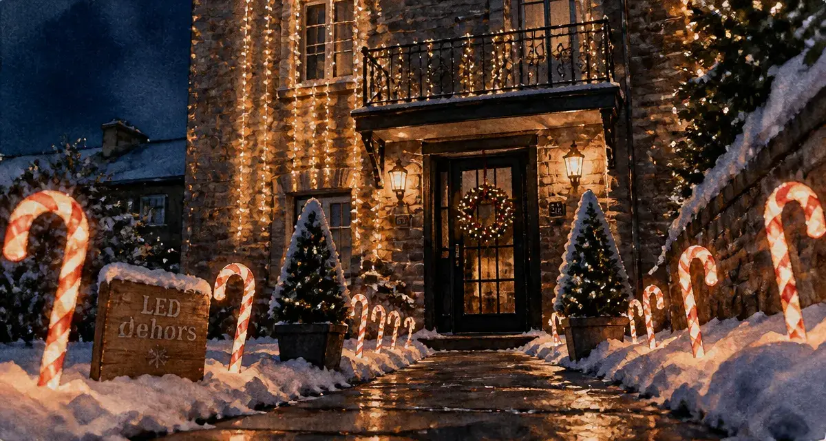 Decoration noel exterieur : allée enneigée avec guirlandes LED