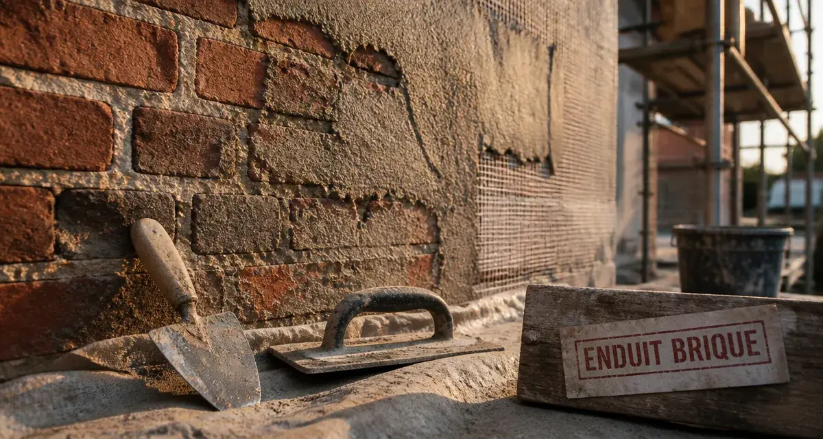Enduit sur brique en 2 couches, mur sans fissures (photo chantier)
