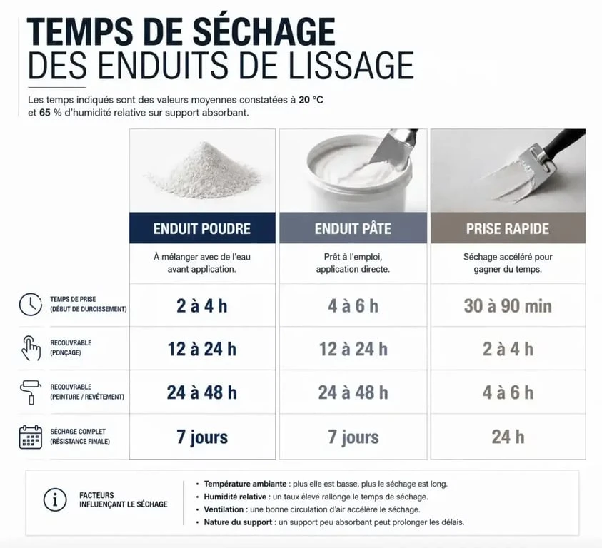 Tableau récapitulatif des temps de séchage d'un enduit de lissage avant ponçage