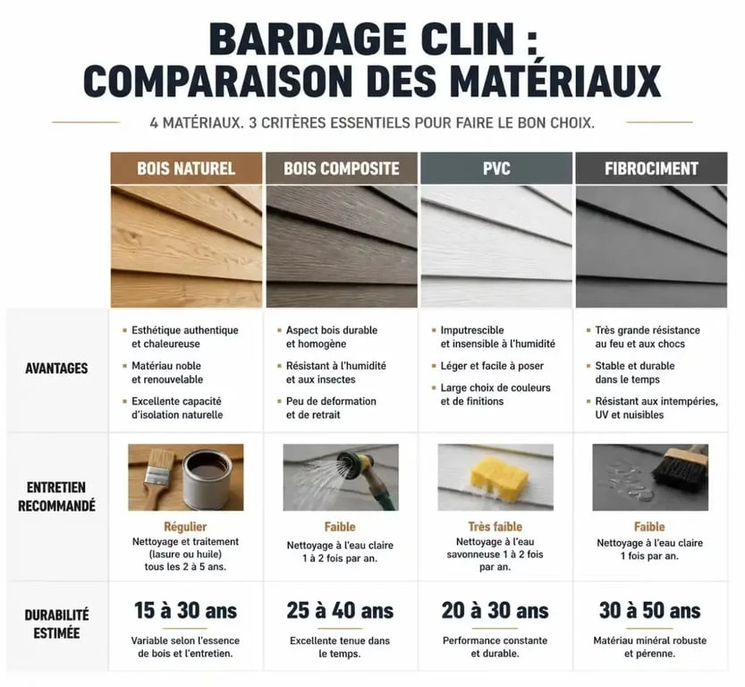 Comparatif des matériaux de bardage clin : bois, composite, PVC et fibrociment