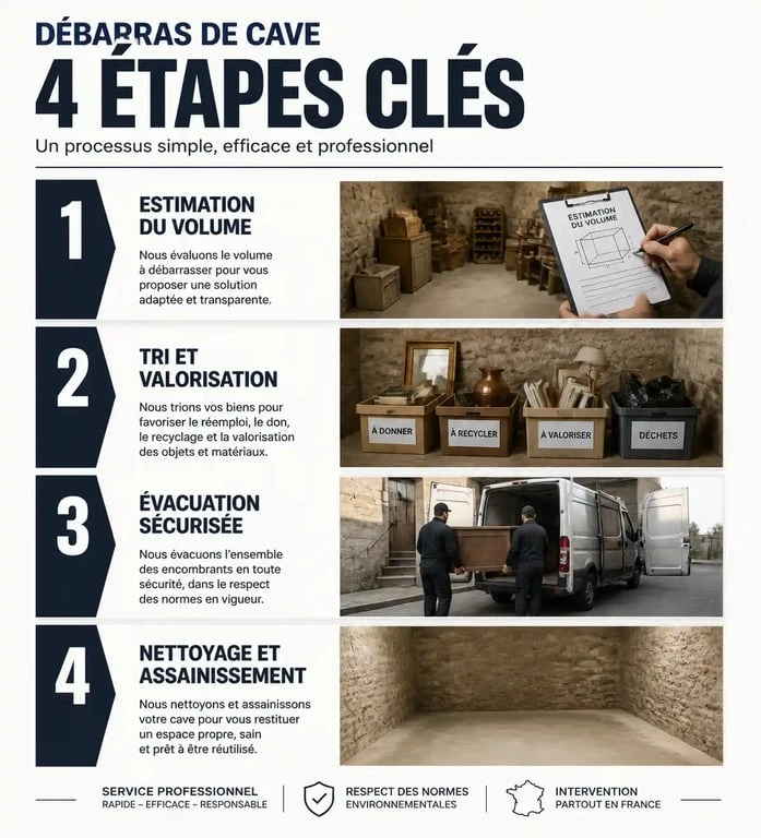 Infographie des étapes d'un débarras de cave professionnel