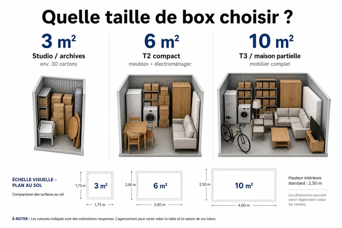 Infographie des tailles de garde-meuble à Aix-en-Provence pour estimer le volume de stockage nécessaire