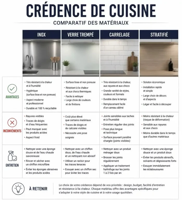 Infographie comparative pour choisir sa crédence de cuisine : matériaux, avantages et entretien