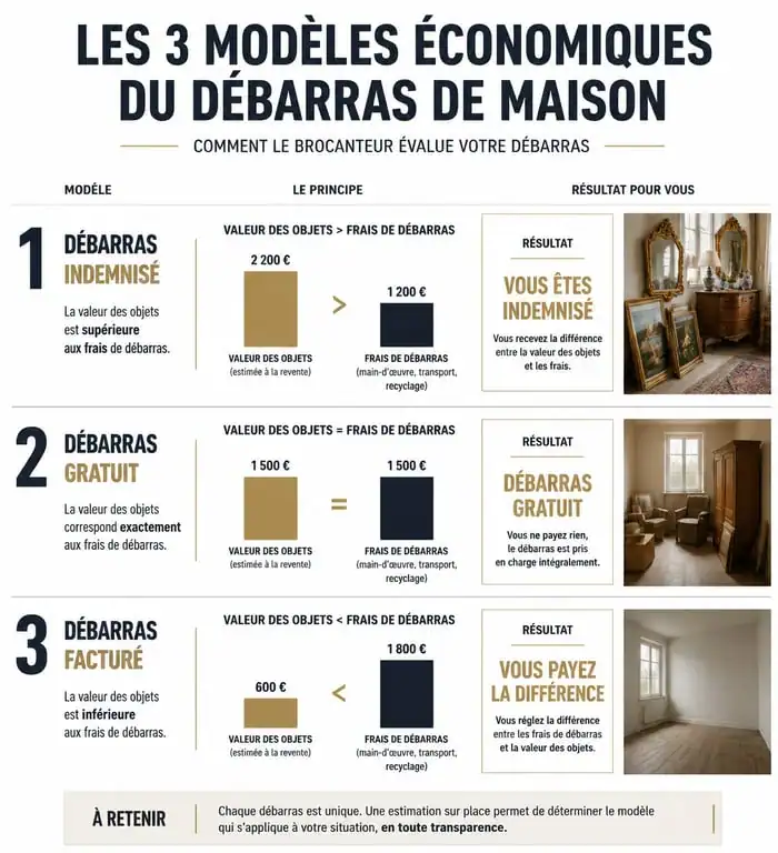Infographie des trois formules de débarras de maison par un brocanteur : indemnisé, gratuit ou facturé.