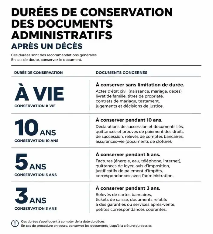 Infographie sur les durées de conservation des documents administratifs pour vider une maison après décès