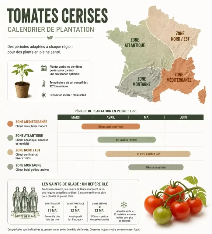 Calendrier de plantation des tomates cerises par zone géographique en France