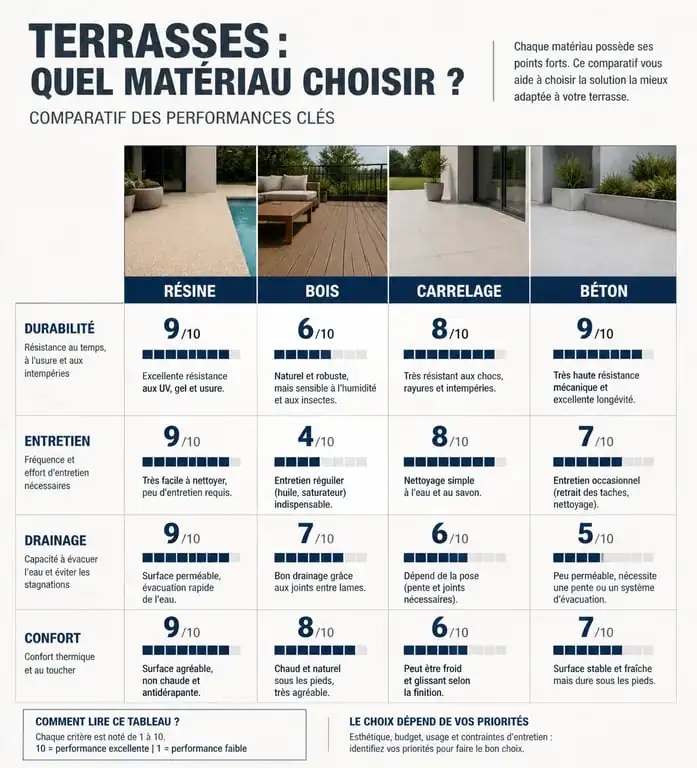 Tableau comparatif des matériaux de terrasse : résine, bois, carrelage et béton pour choisir la meilleure solution