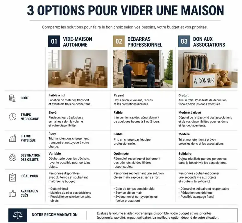 Comparatif des solutions pour un vide maison 24 en Dordogne : autonome, professionnel ou don.