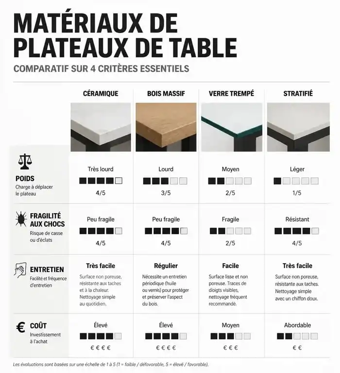 Infographie comparative des matériaux de table : céramique, bois, verre et stratifié pour identifier les inconvénients d'une table en céramique