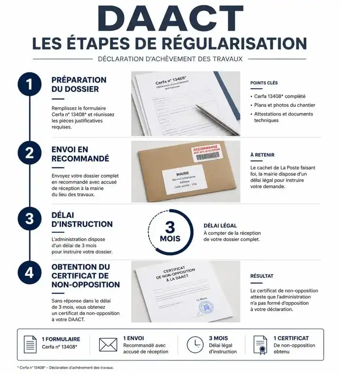 Schéma des étapes pour régulariser un oubli de déclaration d'achèvement de travaux DAACT