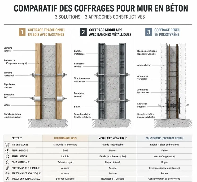 Schéma comparatif des différents types de coffrage pour mur en béton : traditionnel, modulaire et perdu.
