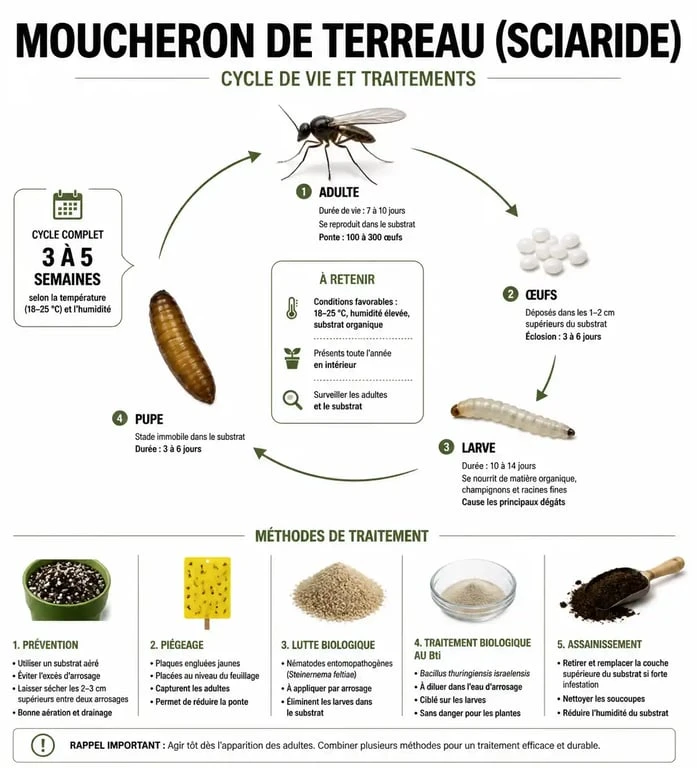 Infographie sur le cycle de vie et les solutions anti-moucheron pour plantes d'intérieur