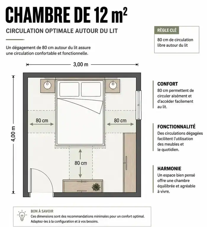 Infographie illustrant l'aménagement idéal et la taille chambre recommandée pour un confort optimal