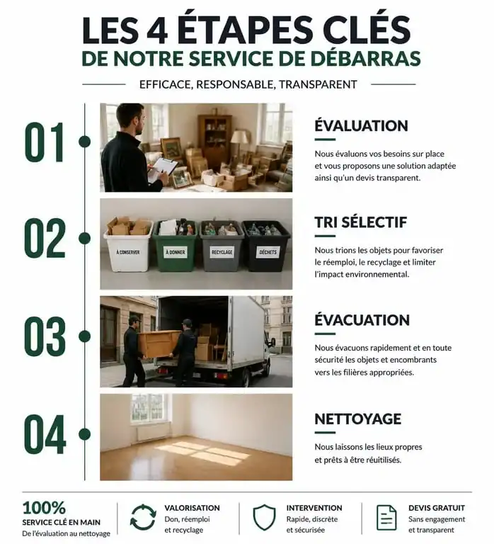 Infographie des 4 étapes d'un service de vide maison 46 : évaluation, tri, évacuation et nettoyage.