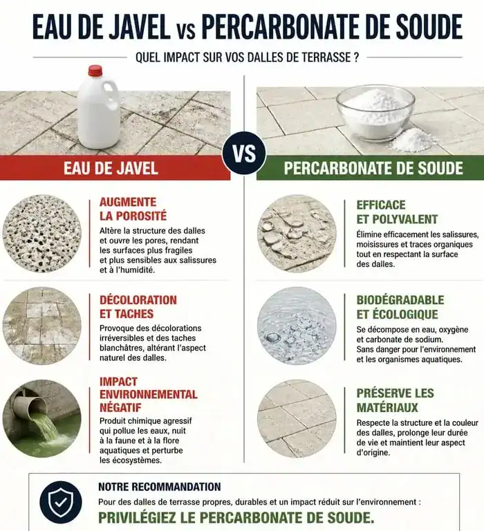 Infographie comparative : nettoyage dalle terrasse javel vs alternatives écologiques pour l'entretien