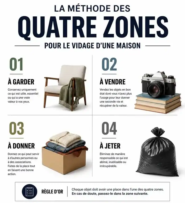 Infographie méthode des quatre zones pour organiser le vidage d'une maison