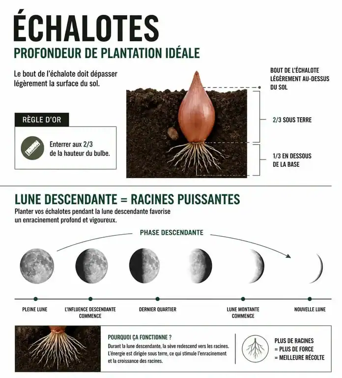 Schéma illustrant la profondeur de plantation idéale des échalotes et l'influence de la lune descendante pour quand planter les échalotes avec la lune