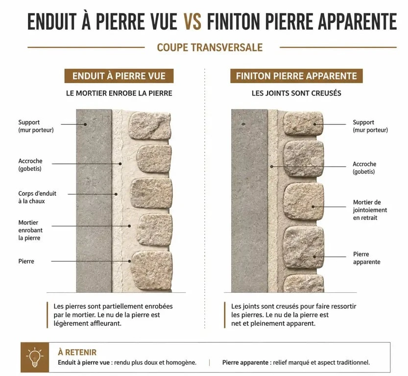 Schéma comparatif : enduit à pierre vue vs pierres apparentes pour rénovation de façade