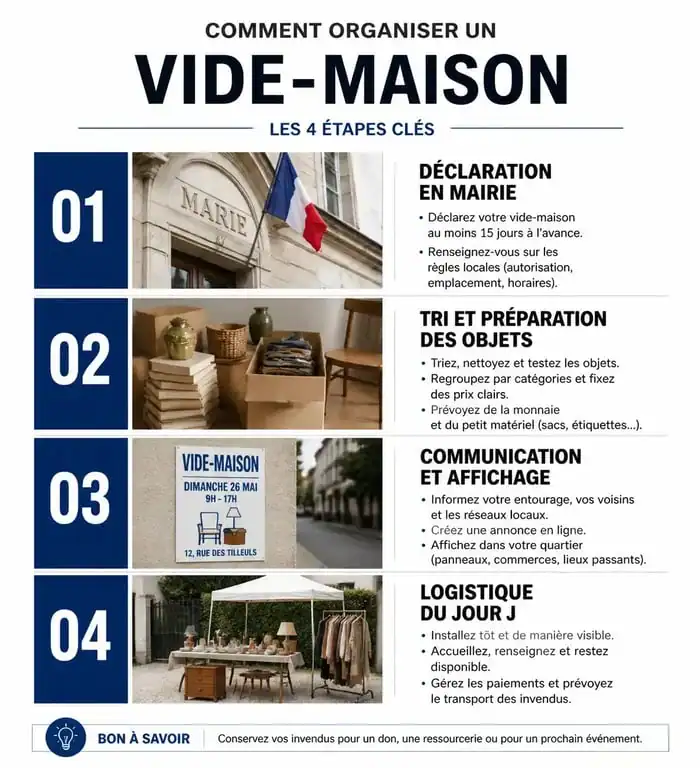 Infographie des étapes pour organiser un vide-maison dans le 37