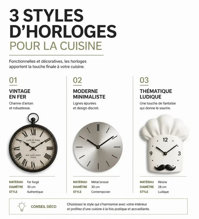 Différents styles d'horloge cuisine : vintage, moderne et thématique pour décorer votre intérieur.