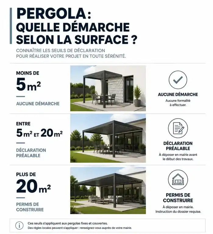 Infographie des seuils de déclaration préalable pour l'installation d'une pergola démontable sans autorisation