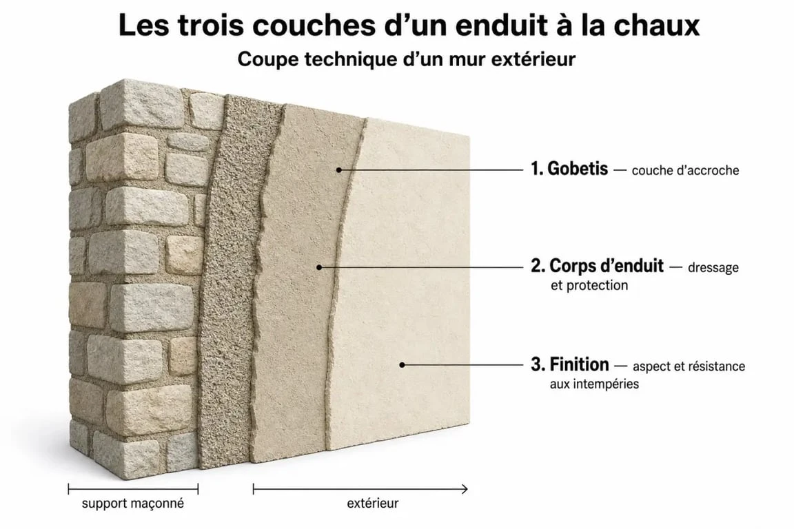 Schéma des étapes d'application d'un enduit à la chaux sur un mur extérieur