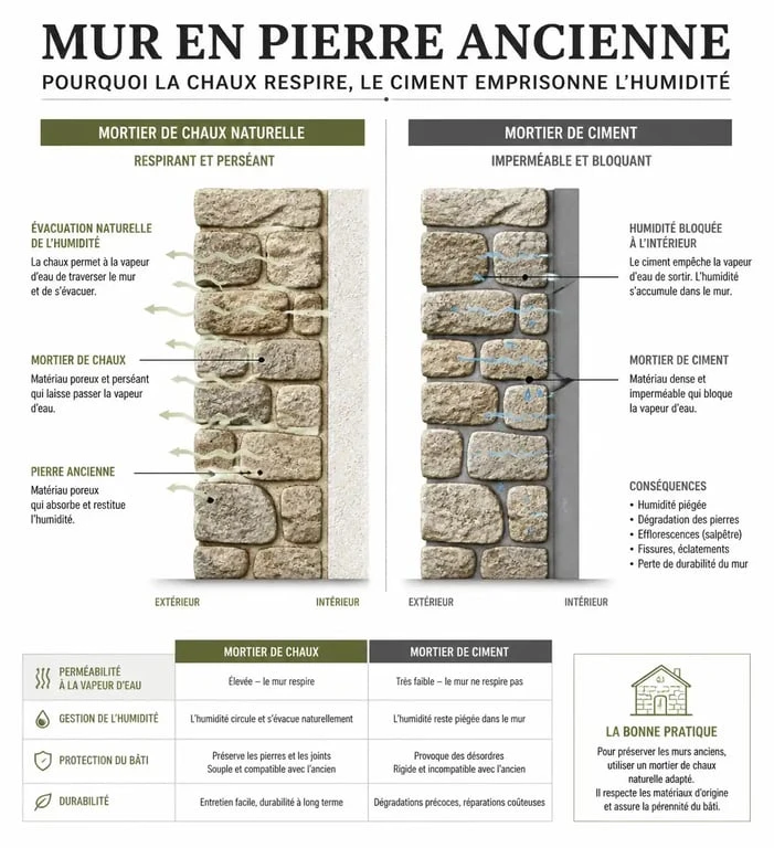 Schéma technique comparatif pour la rénovation d'une façade en pierre apparente : chaux vs ciment