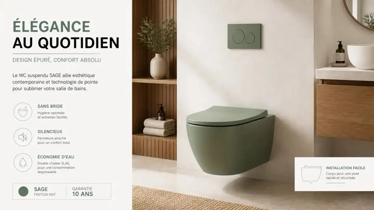 Salle de bain moderne avec un toilette coloré vert sauge suspendu pour une décoration design