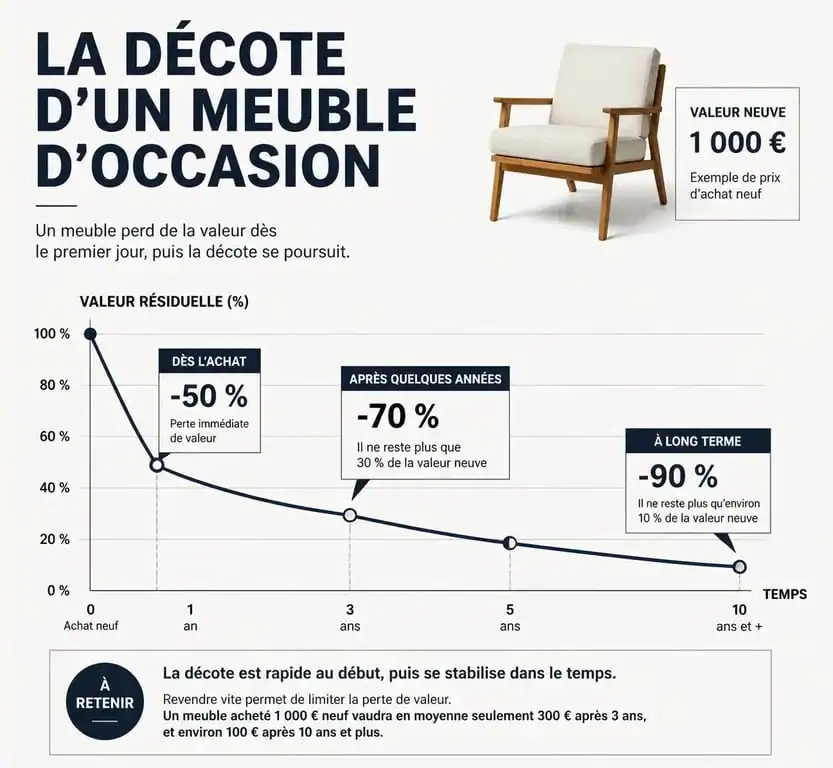 Graphique illustrant la décote et la perte de valeur d'un meuble d'occasion pour aider à fixer le prix de vente