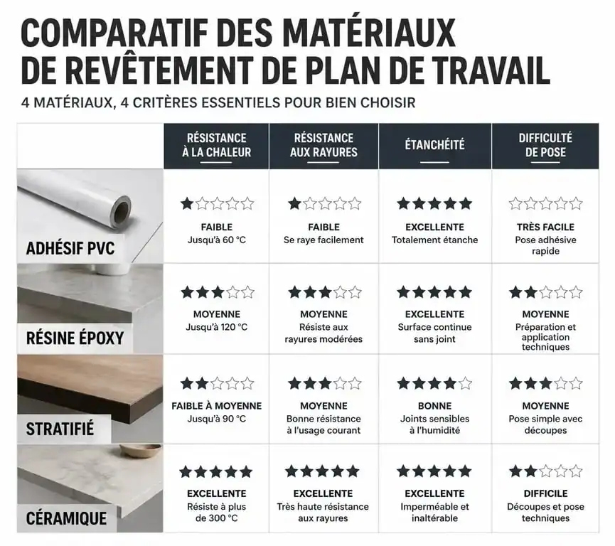 Tableau comparatif des matériaux pour revêtement de plan de travail de cuisine : résistance et pose