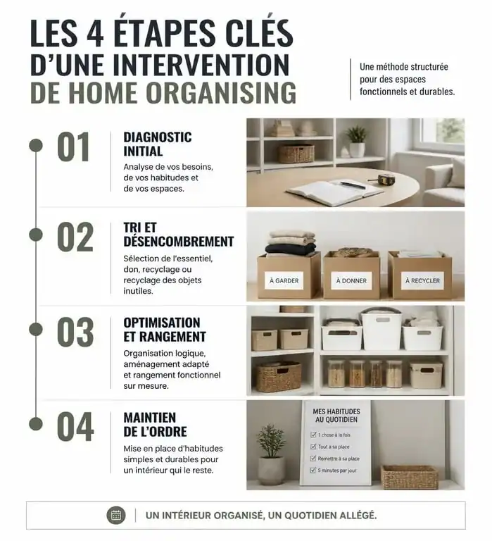 Infographie des étapes d'une aide au rangement maison pour une organisation durable